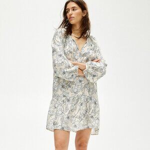 NWT H&M  Floral Dress/Tunic Long Sleeve V-shaped Neck Ties Ruffle Hem L/XL Beige